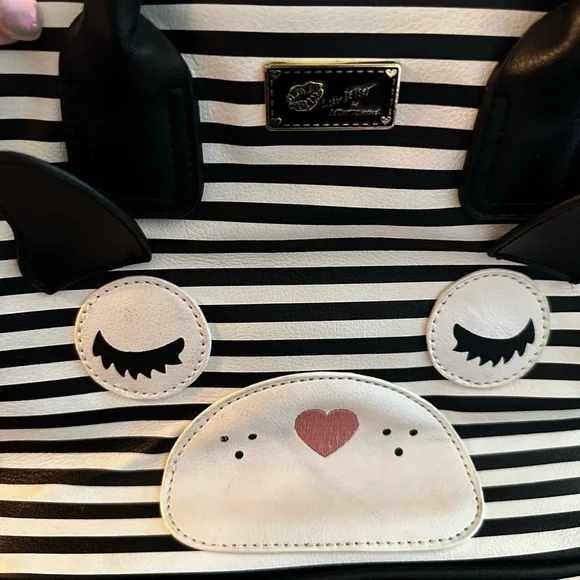 Betsey Johnson Striped Black and White Animal Face Handbag EUC - Picture 2 of 7